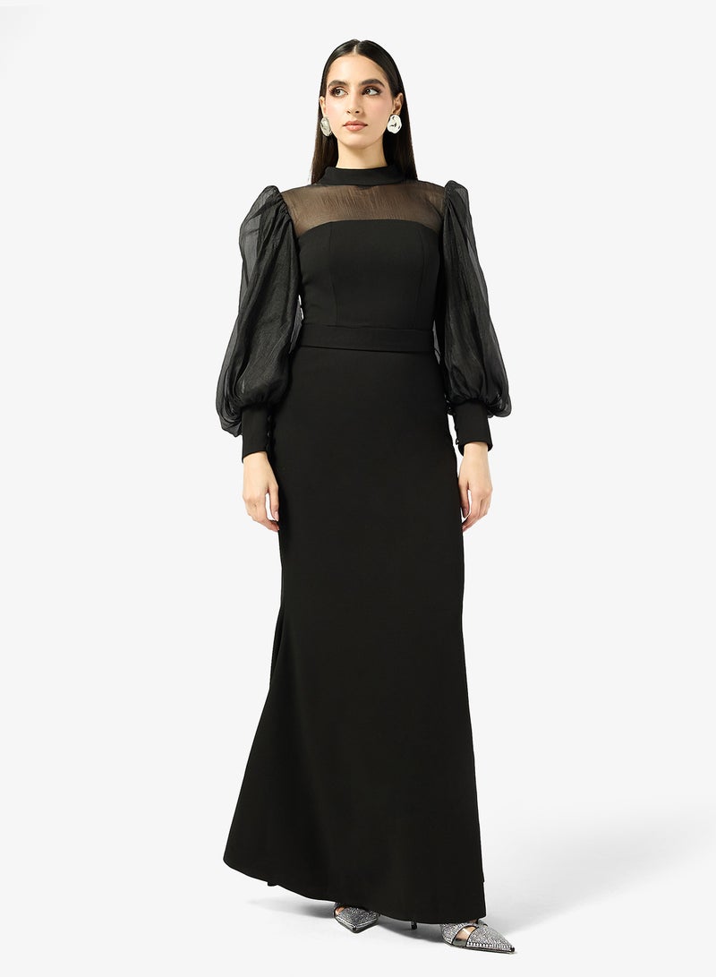 Iyra Puff Sleeve Belted Flared Hem Dress - Image 1